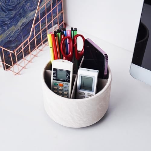 Round Leather Art Supply Organizer,Remote Control Holder,360 Degree Spinning,Multi-Functional Pencil Holder,4 Compartments Desktop Stationary Organizer(1-Hill White) - Image 6