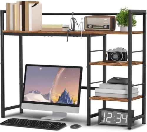 Desk Shelf, 38.6 Inch Wood Desk Organizer Shelf for Computer Monitor, Desk Hutch Storage, Desktop Shelf for Top of Desk, 3 Tier Desktop Bookshelf for Home Office Dorm, Rustic by HAVENLYYOUTH