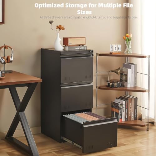 Metal File Cabinet with Lock, Vertical 3 Drawer File Cabinets for Home Office, Heavy Duty Office Storage Cabinet for A4/Letter/Legal Size, Assembly Required(Black) - Image 3