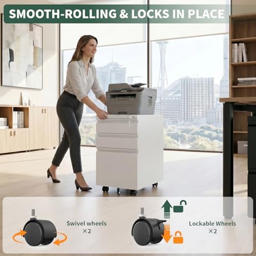 3 Drawer White File Cabinet with Lock, Rolling Under Desk Cabinet - Image 5