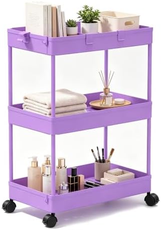 Slim Storage Cart 3 Tier,Bathroom Organizer Rolling Utility,Mobile Shelving Unit Slide Out for Office, Kitchen, Laundry Room & Narrow Places,Purple by Home