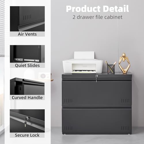 2 Drawer File Cabinet, File Cabinets for Home Office, Printer Stand, File Cabinet with Lock, Lateral Filing Cabinet for A4/Letter/Legal Size File Folders, Assembly Required(Black) - Image 4