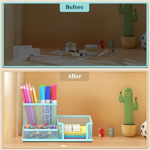 Mesh Pen Holder Desk Organizer, Office Supplies Pencil Storage with 3 Compartments, Office Desk Accessories and Workspace Organizers for Home School, Blue - Image 7