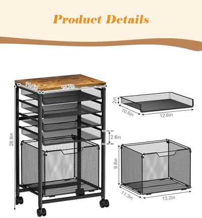 Compact 5-Tier Rolling File Cart, Under Desk Metal Filing Cabinet - Image 2