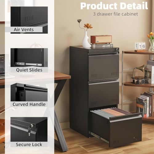 Metal File Cabinet with Lock, Vertical 3 Drawer File Cabinets for Home Office, Heavy Duty Office Storage Cabinet for A4/Letter/Legal Size, Assembly Required(Black) - Image 4