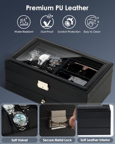 Mens Jewelry Box Organizer, 6 Watch Slots & 3 Sunglasses -All Black - Image 5