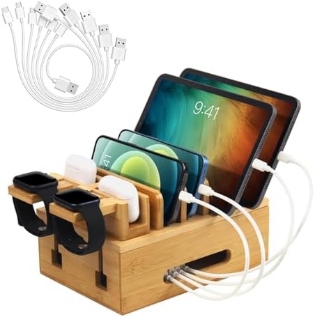 Bamboo Charging Station for Multiple Devices, Desktop Organizer Docking Station, Natural Bamboo Desk Storage Stand for Phone, Tablet, Earbuds, Smart Watch (Power Adapter Not Included) by Deefielly