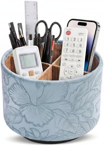 Round Leather Art Supply Organizer,Remote Control Holder,360 Degree Spinning,Multi-Functional Pencil Holder,4 Compartments Desktop Stationary Organizer(1-Wood Blue) by Hennaja