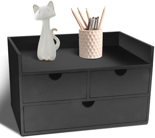 Bamboo Desk Organizer 3 Drawer with Shelf, Countertop Organizer with Drawers Makeup Storage Drawer 3 Drawers Tabletop Storage Organization Box Home Office Workspace（Black） by Charmewooden