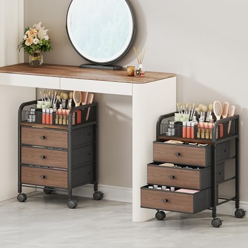 Rolling Makeup Organizer Cart - 14.96″*11.81″*23.03″ Widened Under Desk Vanity Storage with 3 Non-woven Drawers, Cosmetic Display Cases for Skin Care Perfume Nail Polish Brush Hair Tool Black by SwtyMiki-TidyHomeSweetLife