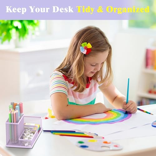 Mesh Pen Holder Desk Organizer, Office Supplies Pencil Storage with 3 Compartments, Office Desk Accessories and Workspace Organizers for Home School Classroom, Purple - Image 4