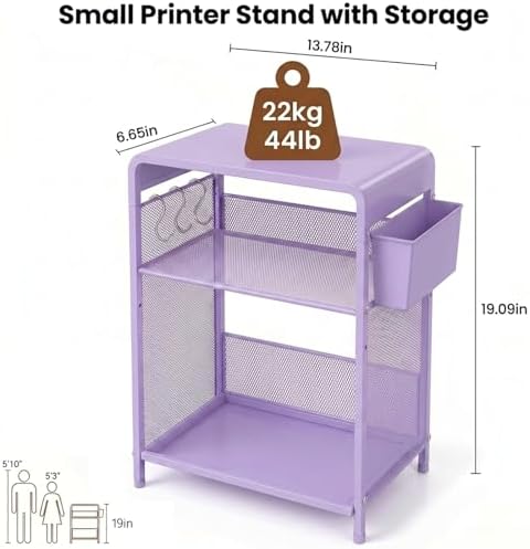 Small 3 Tier Printer Stand for Under Desk, Height Adjustable Shelf Printer Table with 3 S-Hooks & Basket, Heavy Duty Industrial Storage Shelf for Home Office (Purple) - Image 3