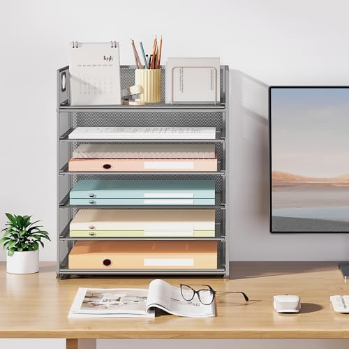 6 Tier Paper Organizer for Desk with Handle, Metal Mesh Desk Office File Folder Paper Letter Tray Accessories Organizer Sorter for Home, School, Office Desktop Document Organization - Silver - Image 7