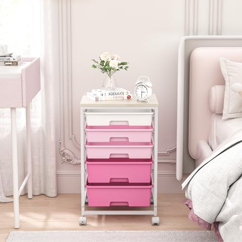 Utility Cart with Drawers,5 Drawers Storage Cart,Rose Pink - Image 2