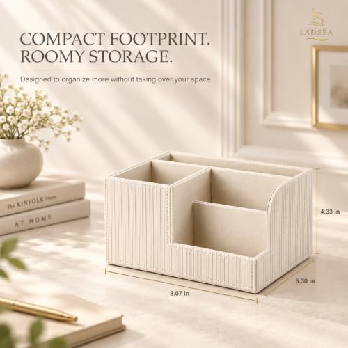 Pen Holder for Desk, 4-Compartment PU Leather Desk Organizer, Cream - Image 4