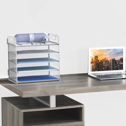 Letter Tray Paper Organizer 5-Tier Desk Organizer File Organizer Paper Holder with Handle, Metal Desktop Document Shelf Tray Office Classroom Organization - White - Image 6