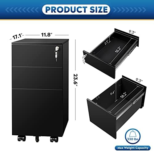 DEVAISE Slim File Cabinet, 3 Drawer Mobile Filing Cabinet for Letter/Legal/A4 Files, Fully Assembled Except Wheels, Black - Image 3