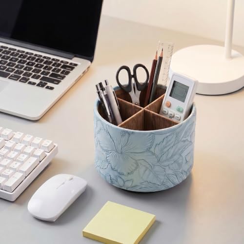 Round Leather Art Supply Organizer,Remote Control Holder,360 Degree Spinning,Multi-Functional Pencil Holder,4 Compartments Desktop Stationary Organizer(1-Wood Blue) - Image 6