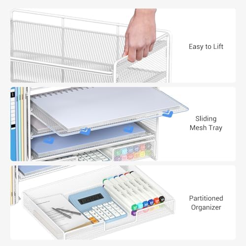 Desk Organizer, 5-Tier Desktop File Organizer with Drawer and Pen Holders, Office Desk Accessories, File Sorters, Workspace Organizers for Office Supplies(White) - Image 4