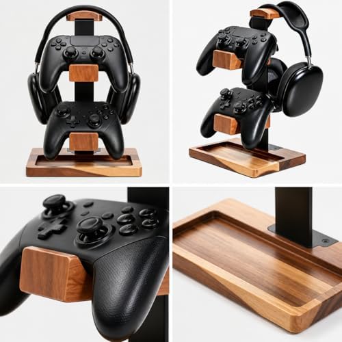 Acacia Wood Gaming Headset Stand & Dual Controller Holder, Solid Wood Desk Organizer Compatible with PS5, Xbox, Switch, Over-Ear Headphones, Gamer Gift for Men - Image 6