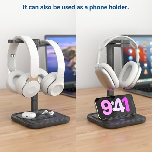 KDD Dual Headphone Stand for Desk - Rotatable Headset Hanger with Phone Holder - Removable Non-Slip Base for Gamers Desktop Accessories - Image 6