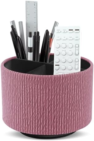 Round Leather Art Supply Organizer,Remote Control Holder,360 Degree Spinning,Multi-Functional Pencil Holder,4 Compartments Desktop Stationary Organizer(1-Wood Pink) by Hennaja