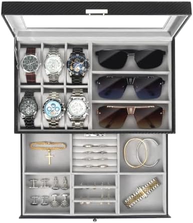 Mens Jewelry Box Organizer, 6 Watch Slots & 3 Sunglasses -Grey by KUKIKAN