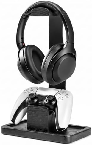 Solid Wood Metal Headphone Stand with Modular Controller Holder for Desk by HUMANCOZY