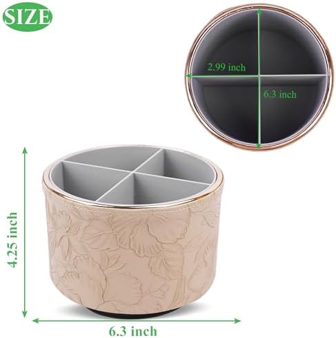 Round Leather Art Supply Organizer,Remote Control Holder,360 Degree Spinning,Multi-Functional Pencil Holder,4 Compartments Desktop Stationary Organizer(1-Golden Apricot) - Image 2