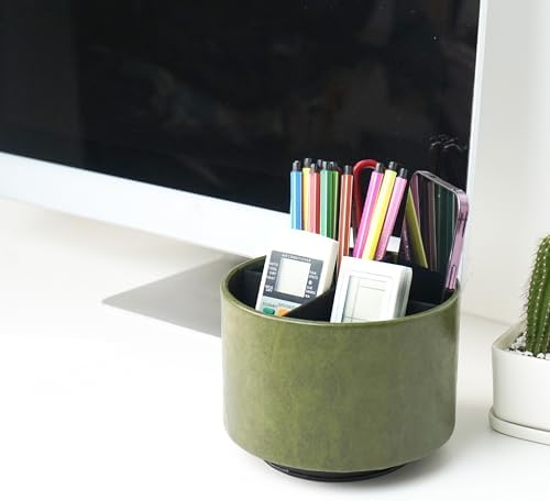 Round Leather Art Supply Organizer,Remote Control Holder,360 Degree Spinning,Multi-Functional Pencil Holder,4 Compartments Desktop Stationary Organizer(1-Oil Green) - Image 7