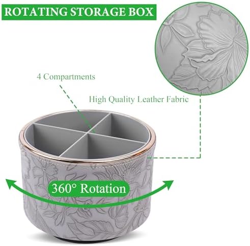 Round Leather Art Supply Organizer,Remote Control Holder,360 Degree Spinning,Multi-Functional Pencil Holder,4 Compartments Desktop Stationary Organizer(1-Golden Grey) - Image 3