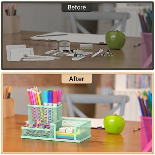 Pen Holder Desk Organizer, Office Supplies Pencil Holder with 3 Compartments, Desk Accessories and Workspace Organizers for Home School Classroom, Green - Image 5