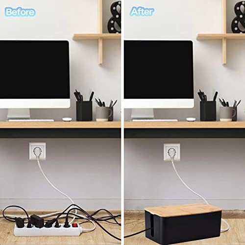 Cable Management Box Organizer, Set of 3 Bamboo Lid Storage Wires Holder to Cover Hide Surge Protector, Power Strips & Cord on Desk Floor - with 5 Cord Organized Tape for Home, Office, PC, TV, USB Hub - Image 3