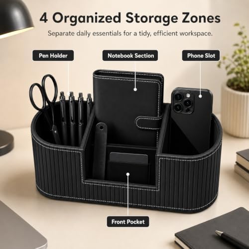Modern Leather Desk Organizer for Men & Women, Aesthetic Office Desk Accessories Organizer, Faux Leather Vanity Organizer for Pens, Makeup Brushes, Remote Controls, Black Minimalist Desk Decor - Image 3