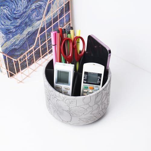 Round Leather Art Supply Organizer,Remote Control Holder,360 Degree Spinning,Multi-Functional Pencil Holder,4 Compartments Desktop Stationary Organizer(1-Carved Grey) - Image 6
