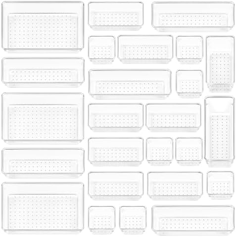 Vtopmart 72 PCS Clear Plastic Drawer Organizers Set, 4-Size Versatile Bathroom and Vanity Organizer Trays, Non-Slip Storage Containers for Makeup, Jewelries, Bedroom，Kitchen Utensils and Office by Vtopmart