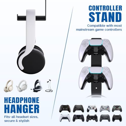 ZYTHRONE Dual Controller Holder Wall Mount, Metal Headset Stand for PS5, PS4, with Adhesive or Screws, Strong Adhesive by Screws, Black - Image 2