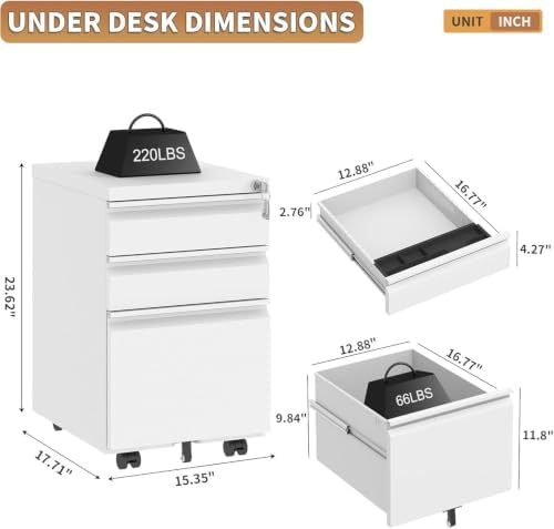 White 3 Drawer Metal File Cabinet with Lock and Casters - Image 2