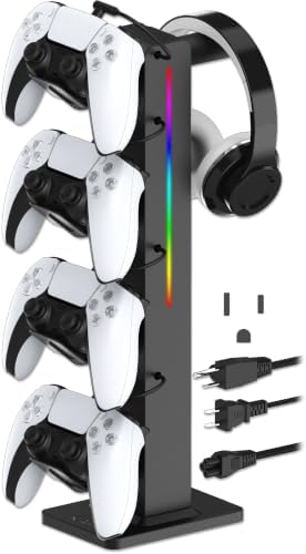 KAFRI RGB Gaming Headphone Stand with Controller Holder, Desk Organizer with Retractable Charger Cable, 2 AC Outlets & 4 Type-C Charging Ports, PC Gaming Accessories for Headset & Controller (Black) by KAFRI