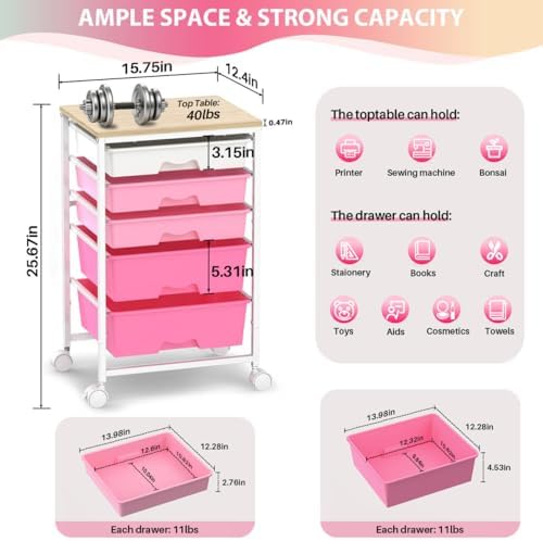 Rolling Cart with 5 Drawers for Craft, Art, Dorm, Office, Pink - Image 2