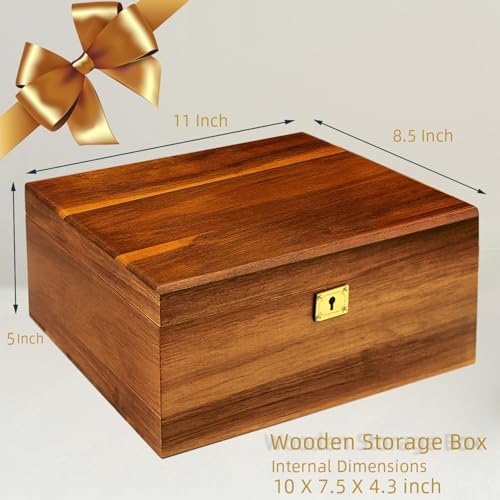 Wooden Box Decorative Large Acacia Wooden Storage Box with Hinged Lid and Locking Key Premium Keepsake Stash Box Lockable Chest for Keepsakes, Valuables, Accessories, Treasured Items(Lock No Grid) - Image 5
