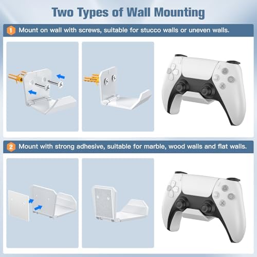 KUNSLUCK 2 Pack Controller Wall Mount for PS5, Xbox, Switch Controller, Wall Mount Stand for Controller&Headset, Adhesive/Screws Installation (White) - Image 3