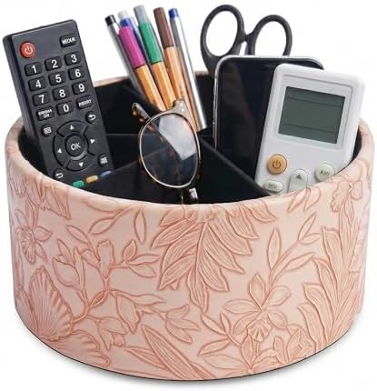 Remote Control Holder, 360°Spinning PU Leather Desk TV Remote Caddy,Desk Storage Box Room Accessories for Controller, Media,Mail,Calculator, Mobile Phone,Pencil(1-Carved Pink) by Hennaja