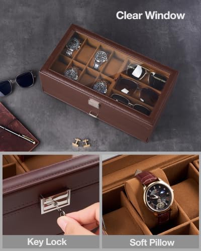 ProCase Mens Jewelry Box, Lockable 8 Slot Watch Case & 3 Slot Sunglasses Organizer, 2-layer Mens Jewelry Organizer Watch Box for Men, Watches Holder Display Storage, Fathers Day Gift -Brown - Image 4