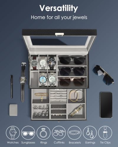 Mens Jewelry Box Organizer, 6 Watch Slots & 3 Sunglasses -Grey - Image 4
