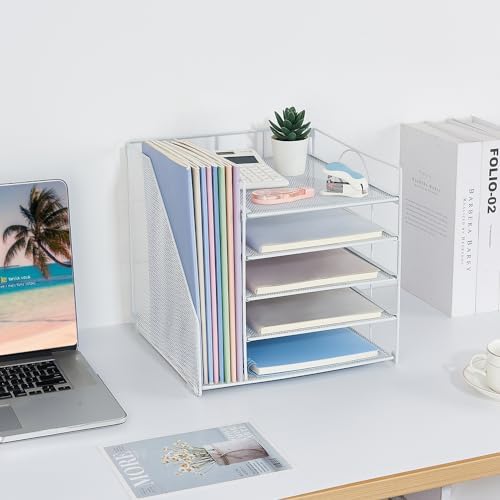 Desk Organizers and Accessories, 5-Tier Paper Letter Tray Organizer with File Holder, Desktop Organizer for Office Supplies (White) - Image 4