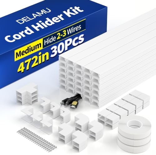 Delamu Cord Hider, 472in Wire Covers for 2-3 Cords on Wall, Premium Cable Hider Cord Covers for Wires on Wall, Cable Management Wire Hiders for TV, Cable Raceway Kit, L15.7X W0.95x H0.55in, White - Image 2
