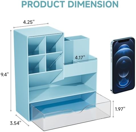 Marbrasse Plastic Pen Holder for Desk, Multi-Functional Desk Organizer Pencil Holder with Drawer, Desk Organizers and Accessories for Office Art Supplies(Blue) - Image 4