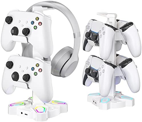 KDD Gaming Headphones Stand, Rotatable Headset Stand with Light Modes - Controller Holder with 2 USB Charging Ports and 3.5mm - Earphone Hanger Accessories for Desktop Gamer(White) by KDD