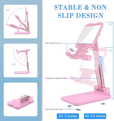 Cell Phone Stand, Adjustable Angle and Height Cell Phone Holder for Desk, Foldable and Portable, Anti-Slip Silicone Pad, Compatible with All Mobile Phones and 4-8 Inch Devices, Pink - Image 7